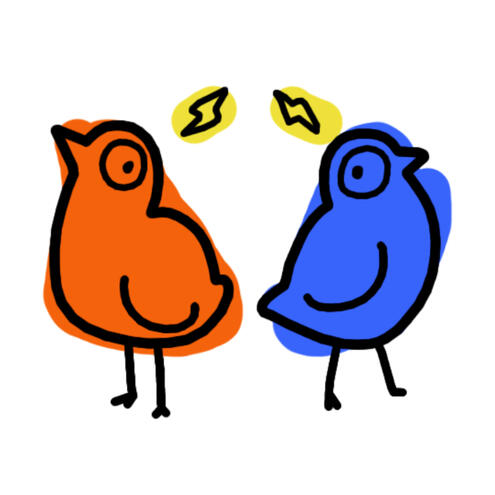 orange cartoon bird with lightening bolt hovering overhead